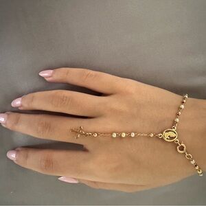 Delicate GF Hand Chain Bracelet with Cross and Bead Accents